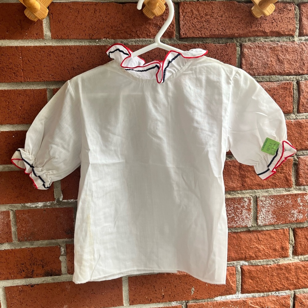 Vintage Girls Blouse White with Ruffle Collar and Short Sleeves Red Blue Piping